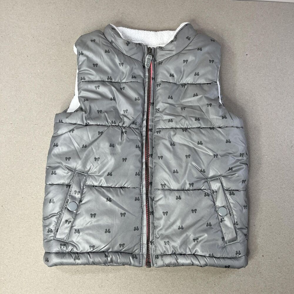 Carters Vest Girls 5 Gray Bow Print Puffer Sherpa Fleece Lined Winter Outerwear